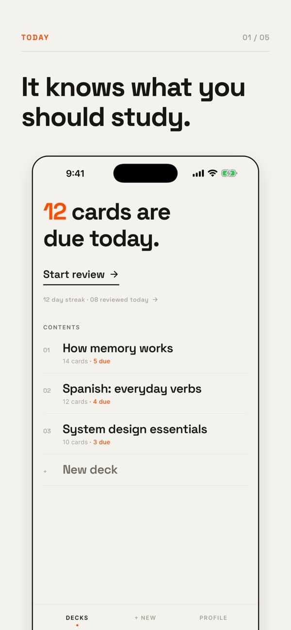 Recall App Store screenshot showing decks and due cards